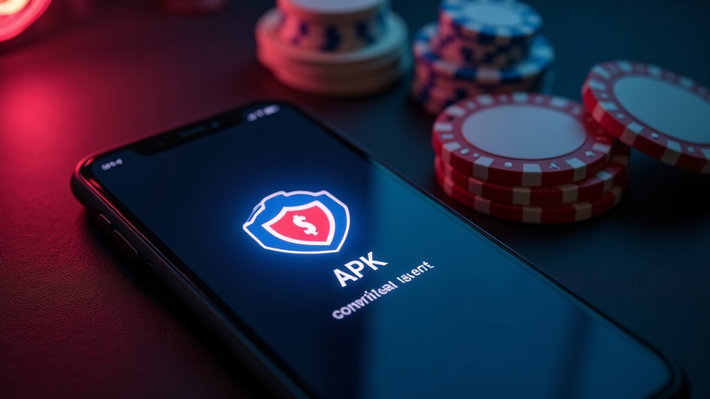 Smartphone showing an APK safety check beside casino chips