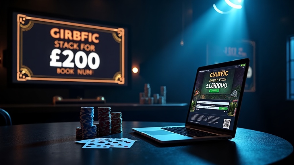 Dark casino scene with a bonus screen and promotional code card