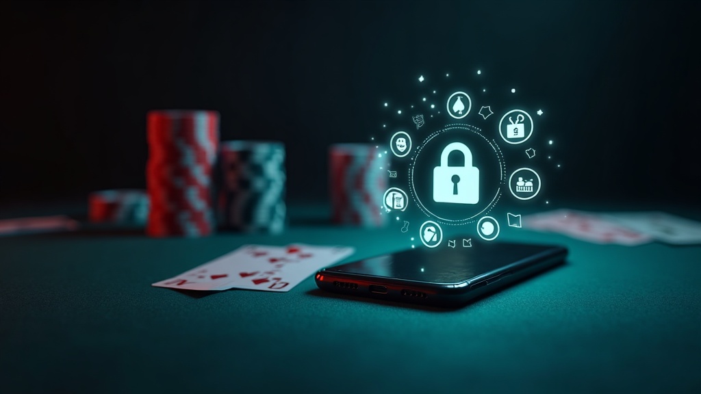 Mobile phone with account security icons above a casino table