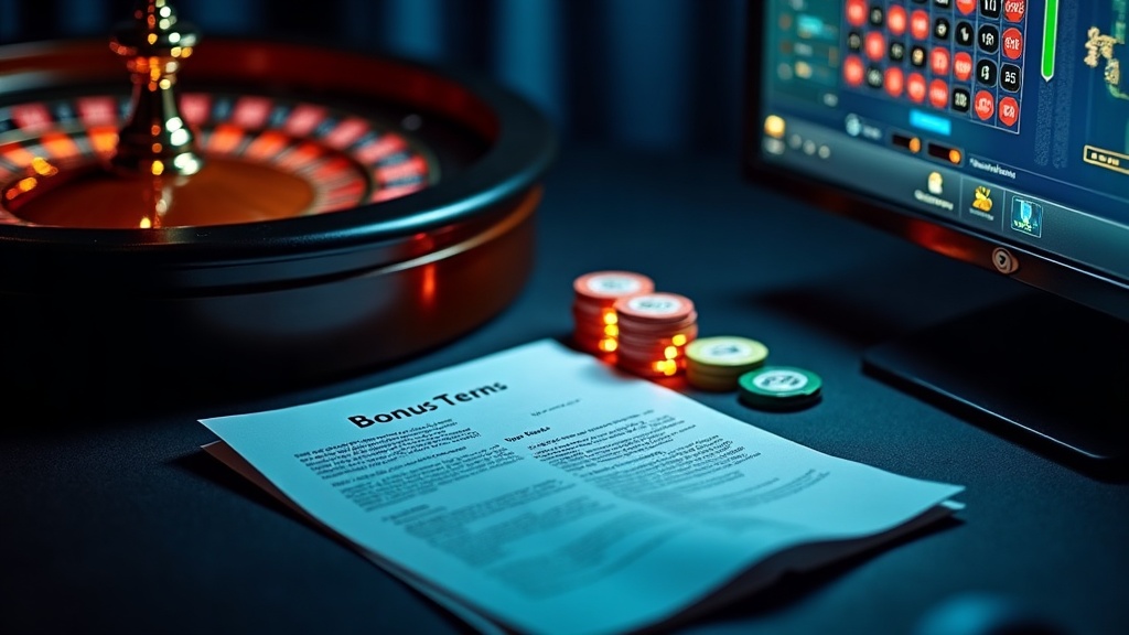 Casino desk with bonus terms, chips, and a shadowed roulette wheel